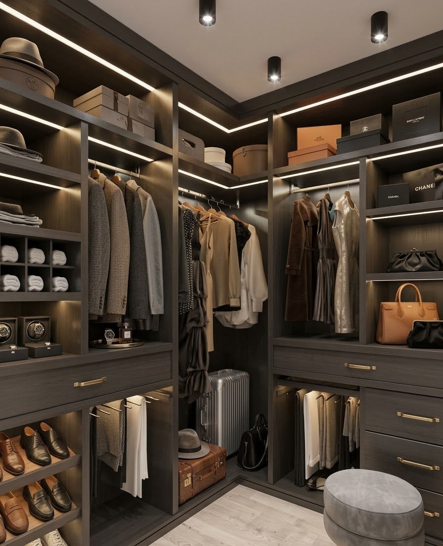 Пример интерьера 1 из статьи "Как правильно организовать подсветку в шкафах и гардеробных"