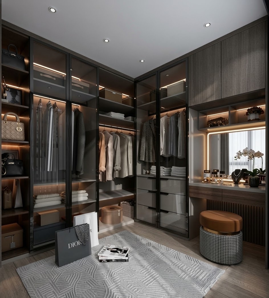 Пример интерьера 2 из статьи "Как правильно организовать подсветку в шкафах и гардеробных"