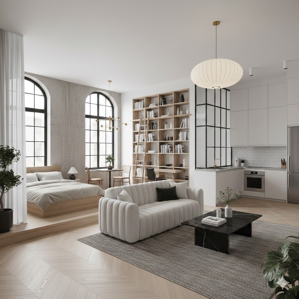 Пример интерьера 2 из статьи "Планировка студии от 20 до 30 м² — зонирование, эргономика и советы архитектора"